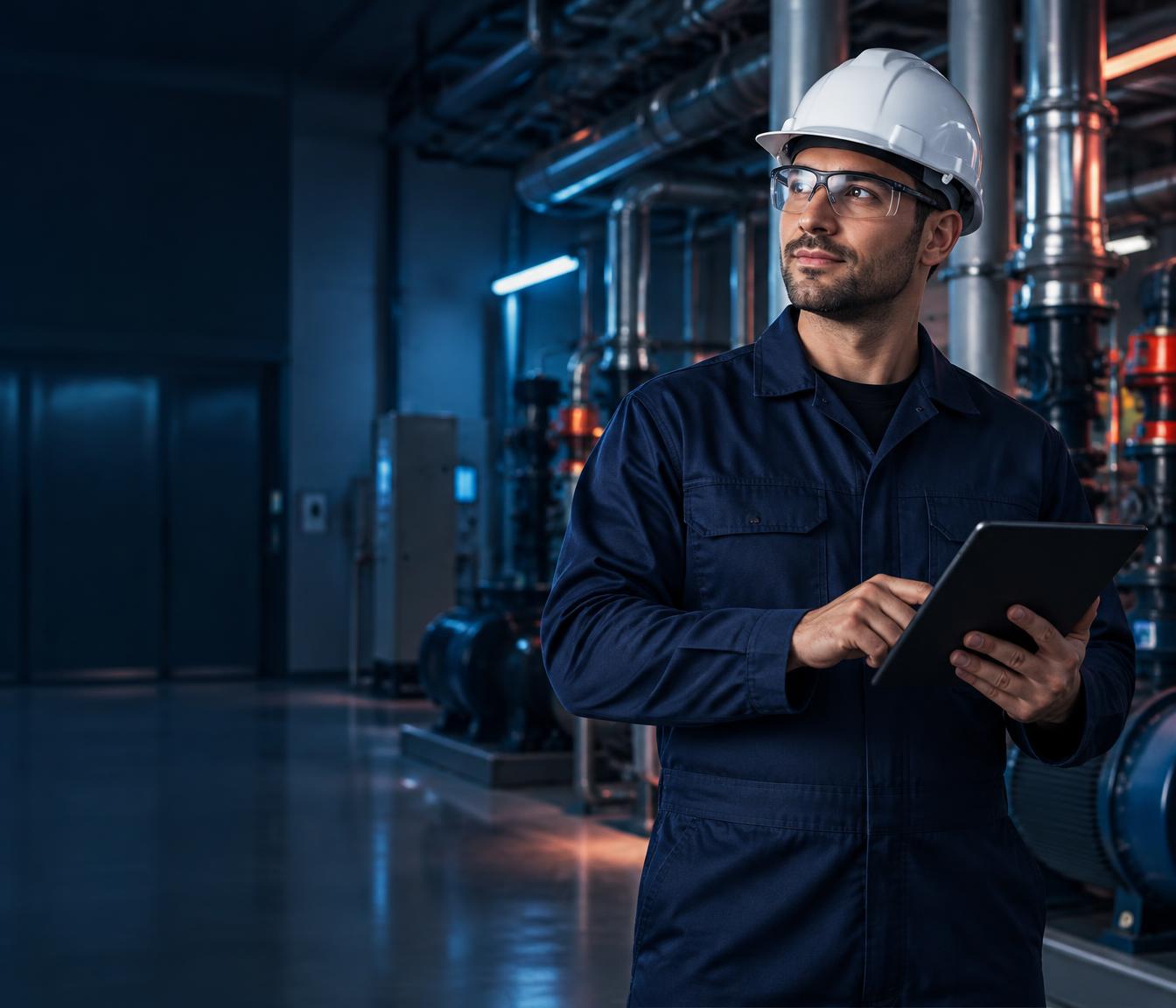 Técnico de manutenção com capacete e tablet em ambiente industrial